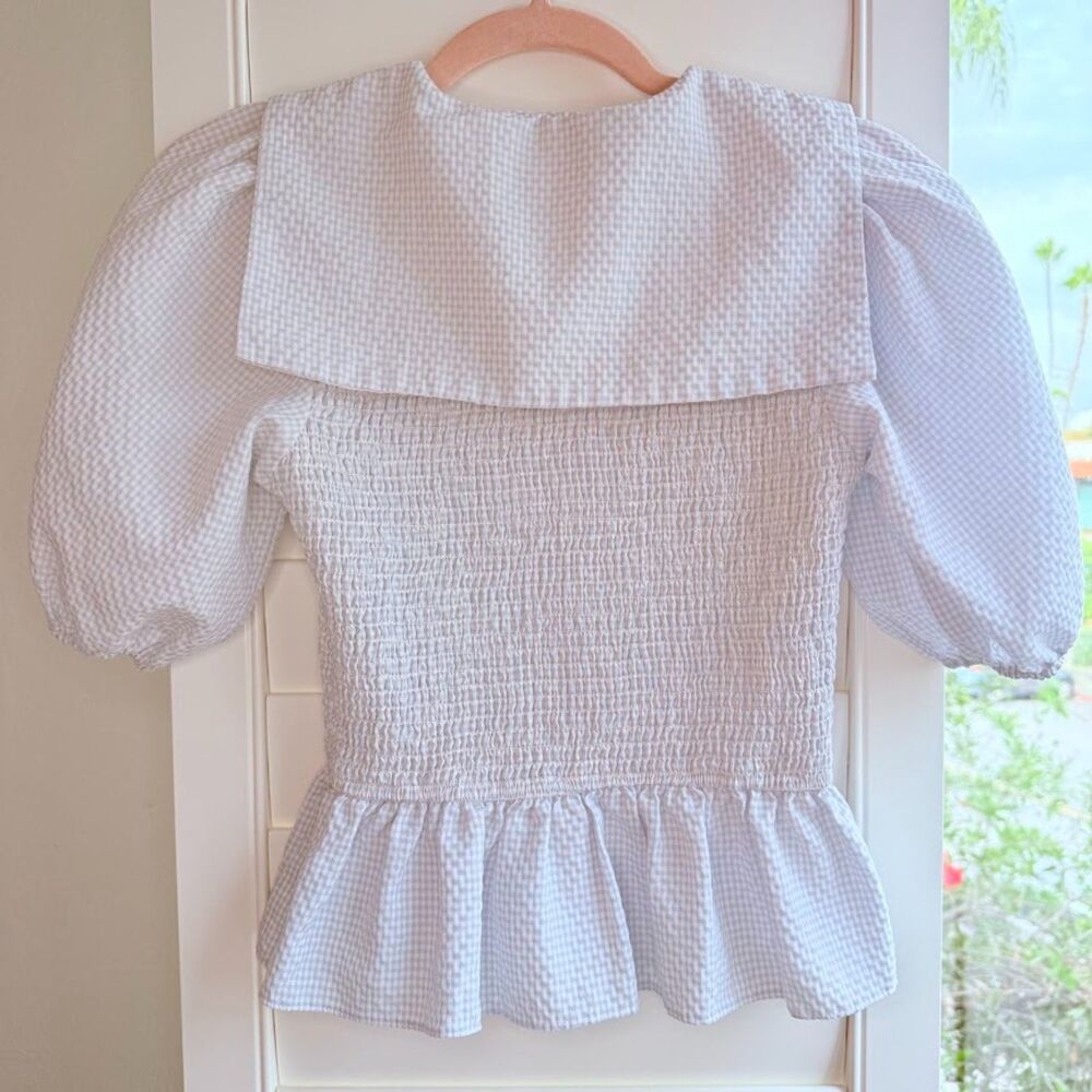 Storia Smocked Blue Gingham Peplum Top with Puff Sleeves & Square Collar size S - Picture 2 of 11
